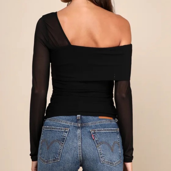 Lulus Sheer Fun Black Mesh Semi-Sheer Off-the-Shoulder Long Sleeve Top - Picture 2 of 4